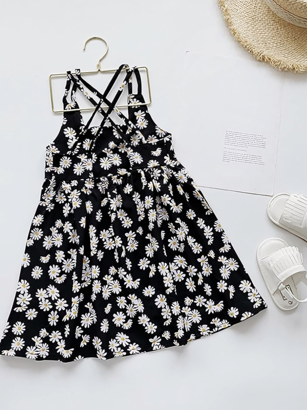 Girls Black Daisy Floral Print Criss-Cross Back Sundress Summer Tank Dress 4-5Y